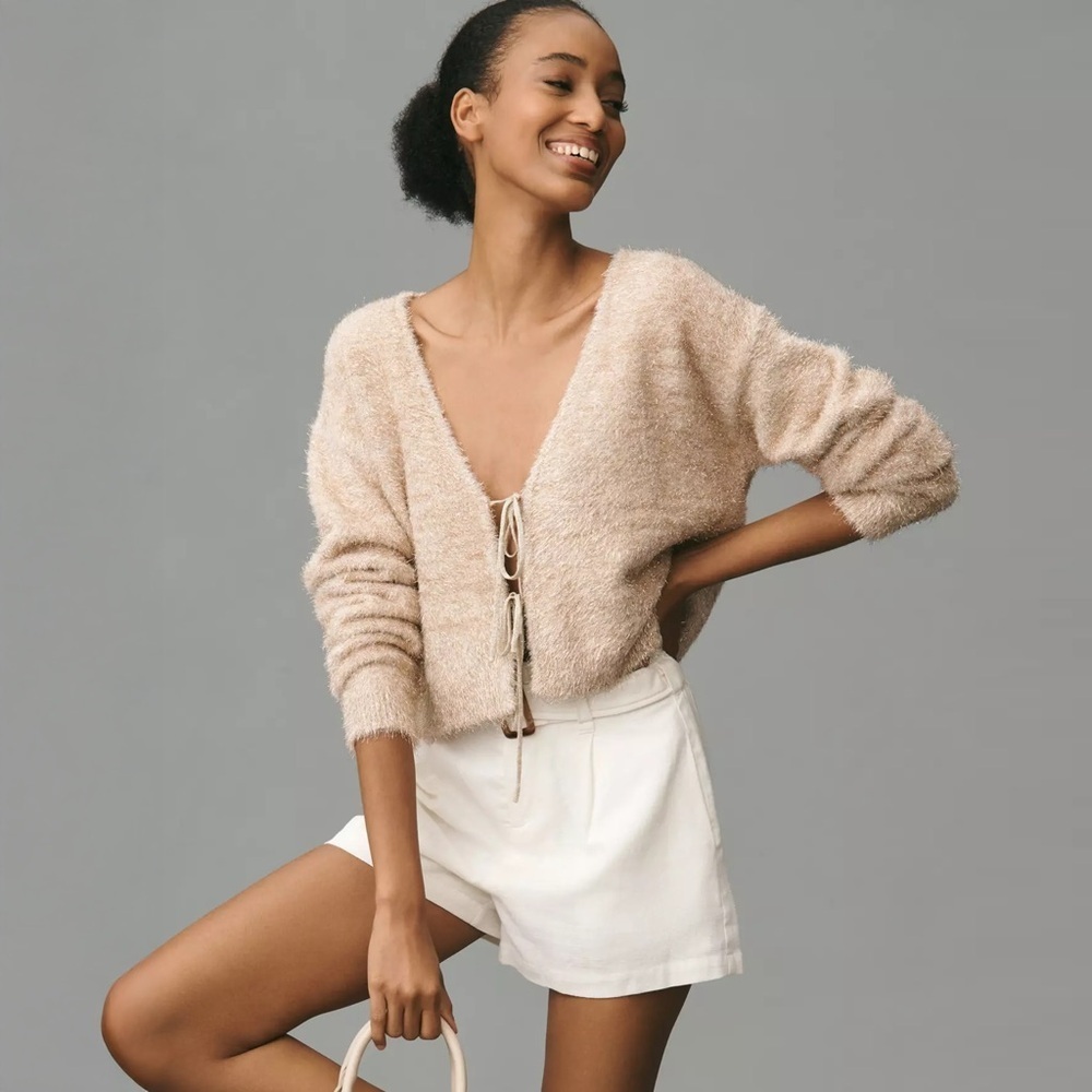 NWT - Anthropologie - Flat White - Tie-Front Tinsel Cardigan Sweater - Champagne